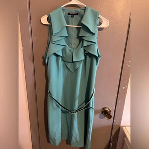 SHARAGANO aqua sleeveless ruffle collar dress with belt